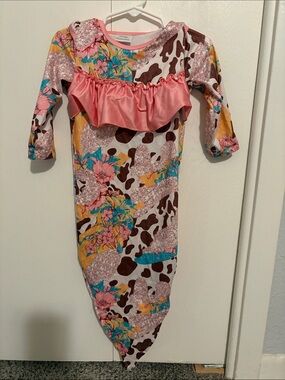 Girls Floral Cow-Print Knit Sleep Gown with Pink Ruffle
